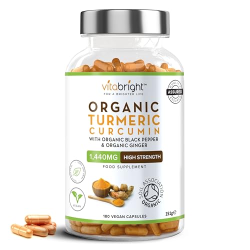 Turmeric and Black Pepper Capsules | 1440mg Dose | 180 Tablets | 3 Month Supply | 2 A Day | Herbal Supplements | High Strength Curcumin | VitaBright Organic Tumeric Supplement