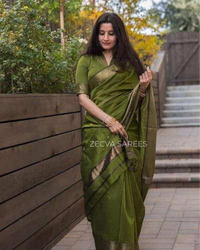 Image of ZECVA Women's Pure Soft Spun Cotton Lichi Silk Saree For Women With Attach Unstitch Blouse Piece