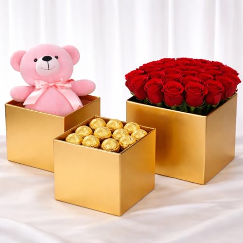 Image of Oasis Pack of 3 Premium Square Gift & Flower Hamper Boxes With Lid | Classic Bouquet Box for Flower Arrangements & Gift Hampers | Decorative Gift Packaging Box With Waterproof Liner - Gold