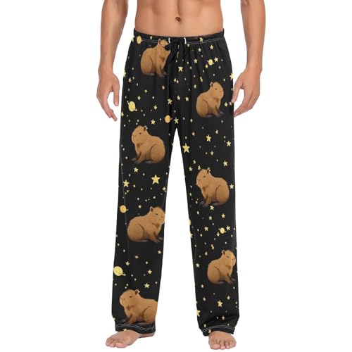 Funny Brown Capybara Pajama Pants Yellow Stars Men's Pajama Bottoms Lounge Sleepwear PJs Casual Lightweight Sleep Pants M