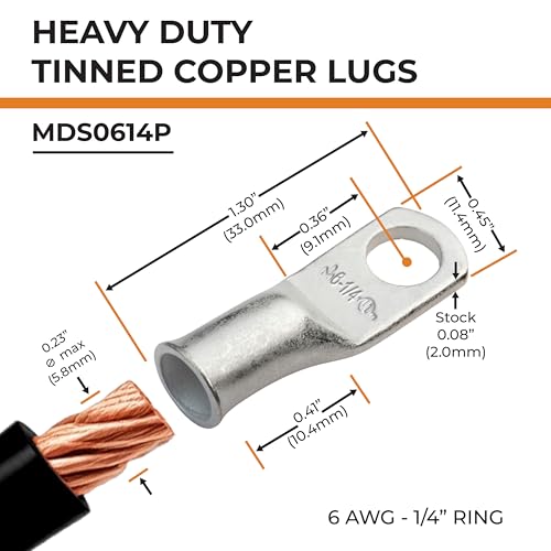 Image of SELTERM 25pcs 6 AWG 1 /4 inch Stud Marine Grade Tinned Copper Battery Cable Lugs | Heavy Duty Copper Battery Cable Lugs, 6 Gauge Ring Terminals, UL Wire Lugs Electrical Battery Cable Ends, Terminal Connector