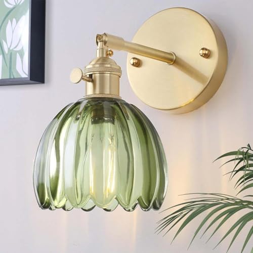 AoLa Vintage Wandleuchte E27 Gold Retro Lampe Wandlampe Blume Design Nachttischlampe Einstellbar Glas Lampenschirm Metall Lampen-Köpfe Grün für Café Restaurant Wohnzimmer Schlafzimmer