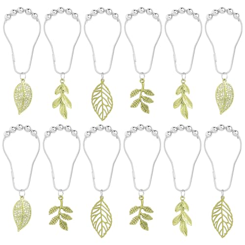 Framendino, 12 Pack Tree Leaf Shower Curtain Hooks Forest Green Rings Plants Metal Decorative Boho for Bathroom