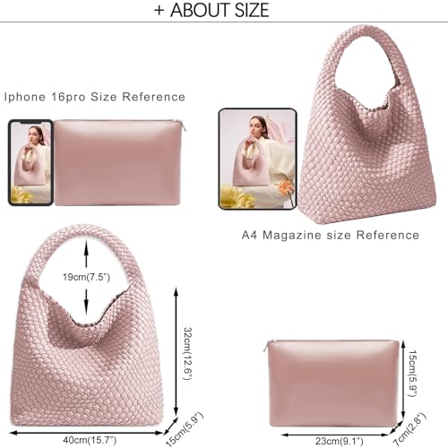 Women Vegan Leather Hand-Woven Tote Handbag Fashion Shoulder Top-handle Bag All-Match Underarm Bag with Purse (Pink)3