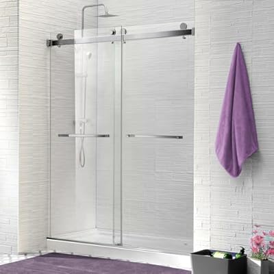 Brushed Nickel Double Sliding Glass Shower Door 56-60 Inch x 76 Inch,Frameless Shower Door with Clear SGCC ANSI Certified Safety 3/8"(10mm) Tempered Glass for Bathroom Stainless Steel Handles