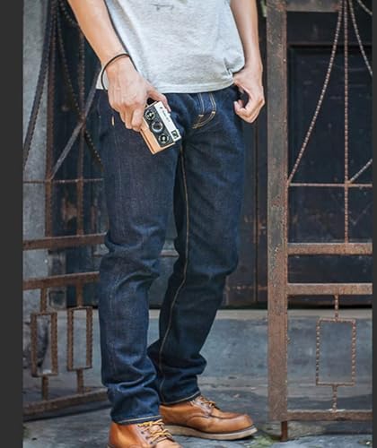 Men’S Vintage Slim Fit Straight Cotton Selvedge Full Length Jeans Button Fly Midweight Rinsed Casual Wear Pants3