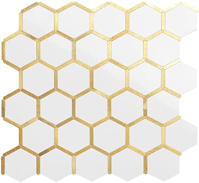 DICOFUN 10-Sheet Hexagon Peel and Stick Backsplash Tile, Polished White Tile Look Mixed Gold Kitchen Backsplash Peel and Stick Wall Tiles