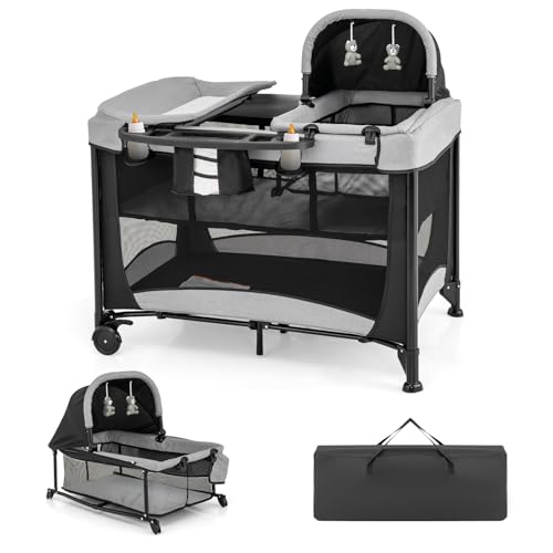 COSTWAY 5 in 1 Beistellbett mit Rollen, Reisebett faltbar mit Matratze, 2...