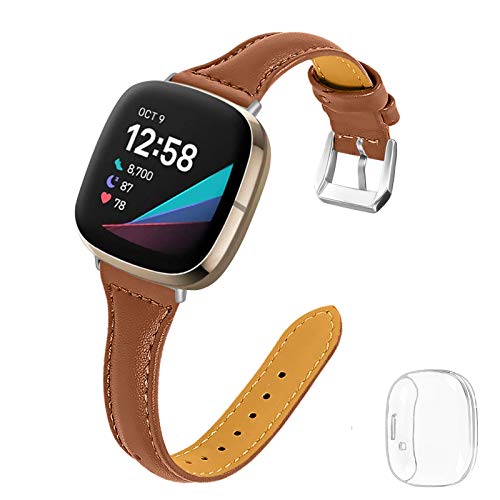 Joyozy Thin Leather Bands with Clear Screen Protector Case Compatible with Fitbit Sense/Fitbit Versa 3,Professional Chic Wristband Strap Replacement for Women Men Brown