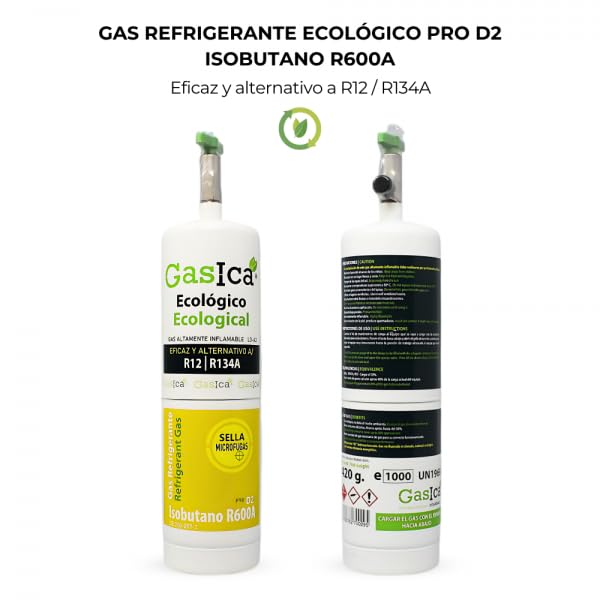 2x Envases GASICA PRO D2 - Gas Refrigerante Ecológico Orgánico - Equivalente 900g (R134A y R12) Apto para carga A/C Autos y hogar.