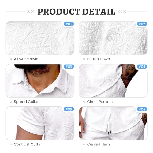 MANTORS Men's 2 Piece All White Outfits Summer Beach Button Down Shirt and Shorts Sets3