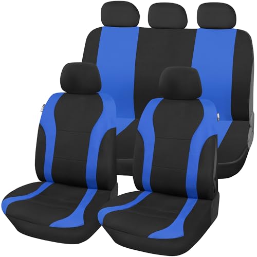 Upgrade4cars Autositzbezüge Set Universal Blau | Auto-Schonbezüge Vordersitze & Rückbank | Autositzbezug Schwarz | Autozubehör Innenraum | Geschenke für Frauen und Männer