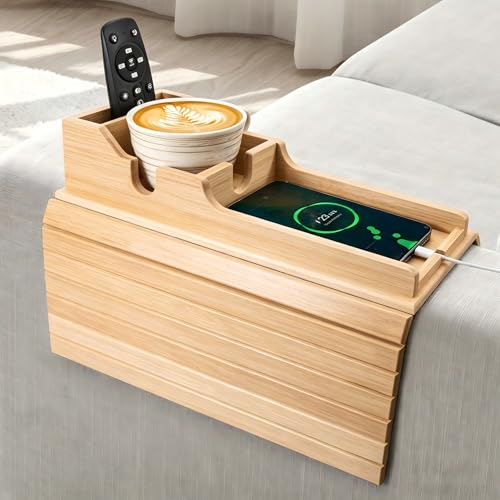 Yoshiky Bamboo Couch Armrest Table Couch Arm Tray with Removable Couch Cup Holder 2 in 1 Design Foldable Anti-Slip Bamboo Couch Tray and Sofa Cup Holder for Drink