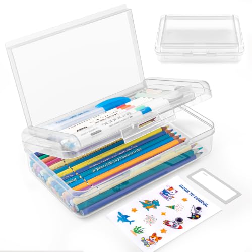 Image of Double Layer Plastic Clear Hard Pencil Cases Box with Personalized sticker | Colored Cute Pen Cases Box for School Office Supplies Marker Crayon Organizer Storage Box,Standard Size