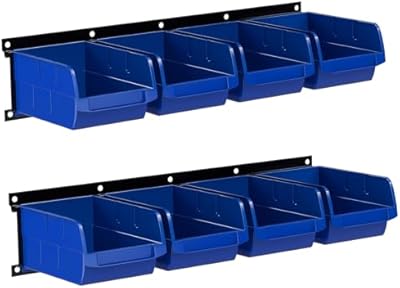 NBGYTECH Garage Storage Rack with 8 Bin Wall Mounted Parts Storage Bin 2 Rails Hardware Organizers for Workshop Garage Shop (Blue)