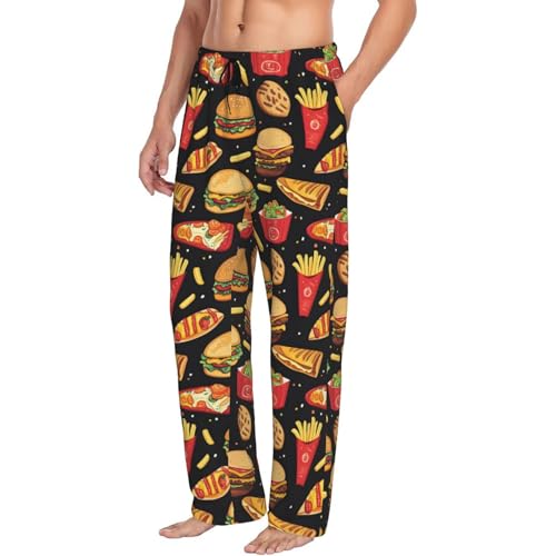 Mens Pajama Pants - Burger Hotdog Fries Print Soft Sleep Lounge Pants For Men, Casual Pj Bottoms With Pockets