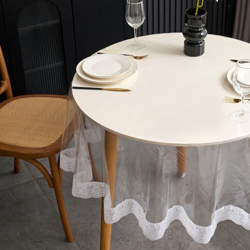 Image of Pioggia Clear Vinyl Tablecloth Protector Transparent Lace Trim Table Cloth - Waterproof, Stain-Resistant,Plastic Cover Decorative - Perfect for Weddings, Parties, and Home Decor (48 Inch Round)
