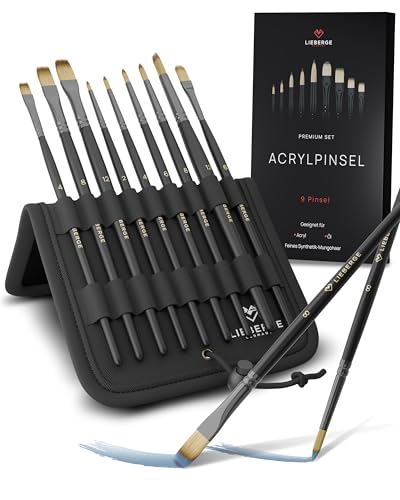 LIEBERGE Premium Pinselset Acrylfarben – 9 Acrylpinsel + Präsenter – perfekt für Acrylfarben – hochwertige Künstlerpinsel ohne Haarverlust beim Malen (9 Pinsel)