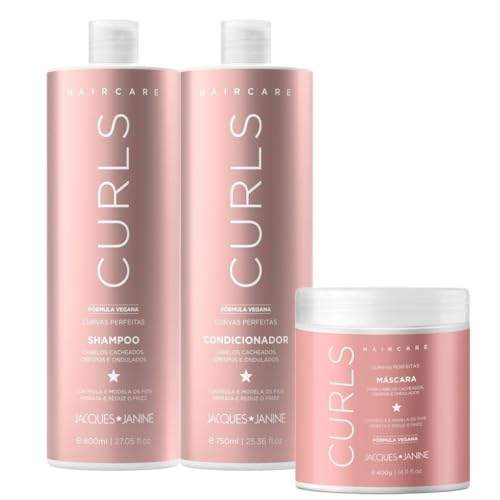 Jacques Janine Kit Curls Shampoo 800ml, Condicionador 750ml e Máscara de Tratamento 400g para Cachos Crespos e Ondulados, Cabelos Tratados Quimicamente, Líquido, 2 Unidades