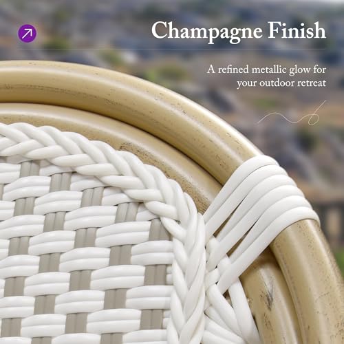 Image of PURPLE LEAF Outdoor Dining Chair Set of 1 Patio French Aluminium Frame in Champagne Finish with White & Gray Woven Rattan for Indoor Kitchen Deck Bistros Cafe Restaurant