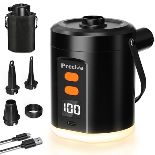 Preciva Bomba De Aire EléCtrica con 3 Boquillas,Inflador Colchon Hinchable 5000mah,Inflado/Desinflado RáPido，Bomba de Aire EléCtrica con Luz de Camping PortáTil para Nadar, CáMping