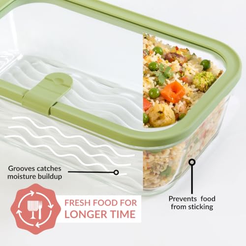 Image of Nestasia Vento Glass Containers with Lid Set of 4 (370ml x 2, 930ml x 1, 2500ml x 1) - Microwave, Refrigerator & Dishwasher Safe Containers with Air Vent Lid for Fridge Storage (Green)