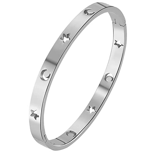 Flongo Pulsera para mujer, de acero inoxidable, pulsera para mujeres, niñas, circonita incrustada, redonda, corazón, estrella, luna, muchos colores oro, plata, 17 centimeters, Acero inoxidable