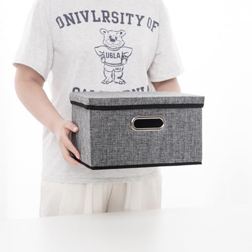 Image of PRANDOM Storage Bins with Lids [3-Pack] Linen Fabric Foldable Storage Boxes Organizer Containers Baskets Cube with Cover for Home Bedroom Closet Office Nursery Grey（11.4X8.6X6.7
