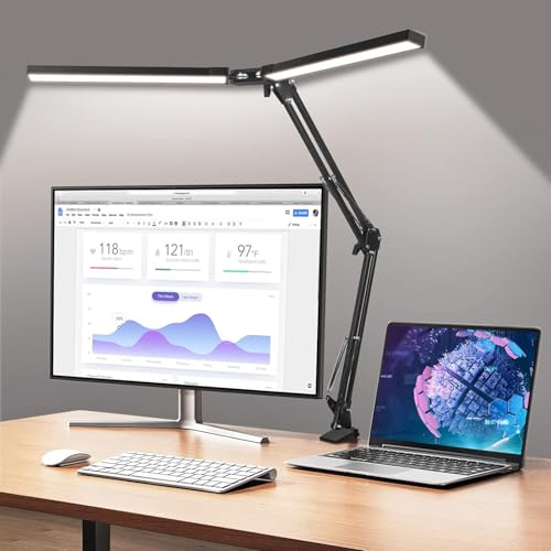 Image of NYRWANA Double Head LED Table Lamp for Study Room | Desk Lamp with Swing Arm Stand | Dimmable 3 Lighting Modes | Clamp Base Study Lamp for Reading, Work, Video Recording, Makeup & Streaming (Black)