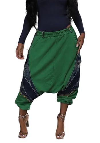 LKOUS Women's Harem Denim Pants Elastic High Waist Cargo Hippie Jeans Baggy Casual Trousers with Pockets
