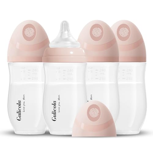 Gulicola Natural PP Baby Breastfeeding Bottles, Medium Flow Nipples (M), 3 Months +, Wide Neck, Pink, 8 oz - 4 pks