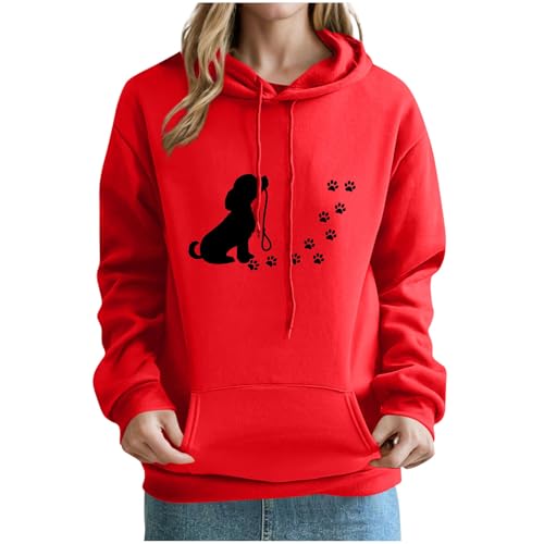 KOG Hoodie für Damen Baumwolle Kapuzenpullover Hunde-Print Hoodies 2025 Sweatshirt mit Kapuze Frau Kleidung Winter Hooded Sweatshirt Warmes Warme Oversized Pullover Bekleidung Rot S