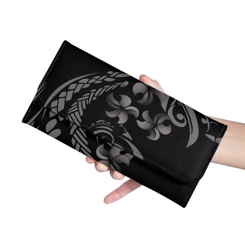 Tropic Tribal Stripes Long Wallet for Women Boho Ethnic Trifold PU Leather Clutch Purse, Hawaiian Tribe Flowers Billfold Wallet Card Holders3