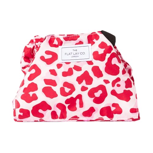 The Flat Lay Co Drawstring Makeup Bag Organiser for Cosmetics Ideal for Everyday Use & Travel Folds Out Storage for Makeup Pink Leopard Print