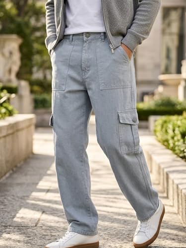 Image of Urbano Fashion Men's Loose Mid Rise Baggy Fit Cargo Jeans with 6 Pockets Non-Stretchable