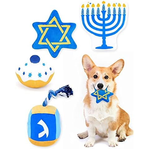 Hanukkah Squeaky Dog Toys Chanukah Plush Stuffed Dog Toys for Small to Medium Dogs Interactive Menorah Puppy Chew Toys with Tough Rope Pack of 4 Cover