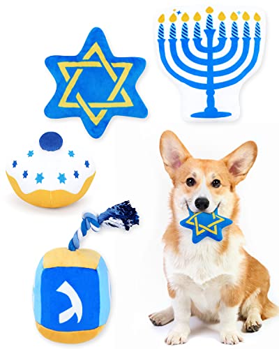 CiyvoLyeen Hanukkah Squeaky Dog Toys Chanukah Plush Stuffed Dog Toys for Small to Medium Dogs Interactive Menorah Puppy Chew Toys with Tough Rope Pack of 4