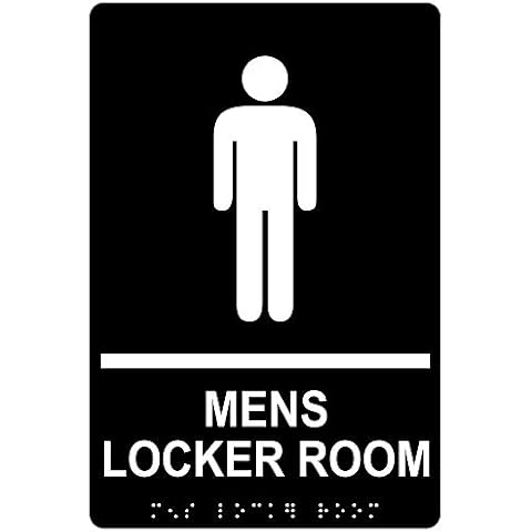 ComplianceSigns.com Mens Locker Room Sign, ADA-Compliant Braille and Raised Letters, 9x6 inch White on Black Acrylic with Adhesive Mounting Strips Cover