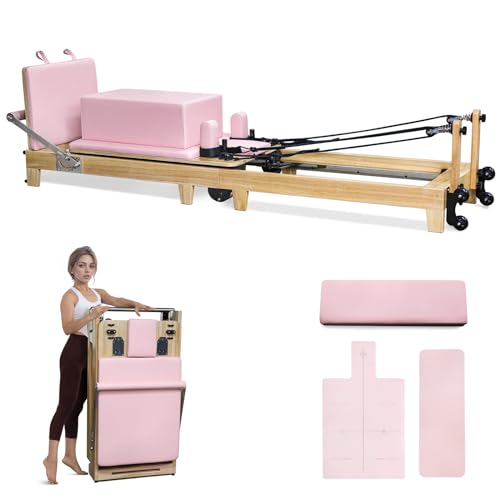 Foldable Pilates Reformer & Equipment for Home use One-Piece Rubber Wood Foldable Reformer Pilates Machine, Pilates Bed for Studio Home Gym Yoga Workout Mute Pilates Chair( Pink)