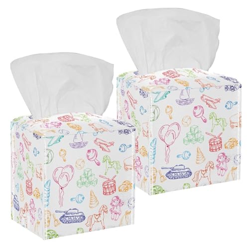 lcndlsoe - 2PCS Square Tissue Box Cover, Colorful Children Toys Drawing Leather Tissue Case Facial Paper Organizer Dispenser for Vanity Dresser Night Stand Table Countertop Office Car
