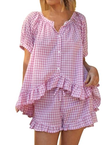Womens 2 Piece Gingham Pajama Set Summer Outfits 2025 Cute Ruffle Pajamas Plaid Cotton Pjs Short Sleeve Matching Set