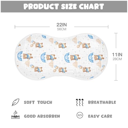 Cozy Bear Motif Muslin Burp Cloths for Baby 4-Layer Absorbent Cotton Large 22" x 11" Soft Spit Up Rags for Newborns Boys Girls, 2 Pack2