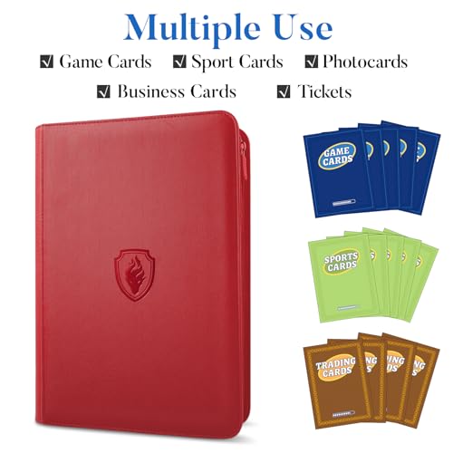 Image of Premium Zip Card Binder, Fabmaker 9 Pocket Trading Card Binder, PU Cover Zipper Card Collection Album, Sturdy 360 Side-Loading Card Folder Holder for Game & Sports Cards, Red