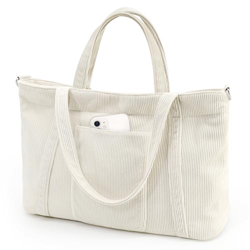 beifon Tote Bag Cord Tasche, Strandtasche XXL Familie mit Reißverschluss, Shopper Tasche Damen Groß, Beach Bag Handtasche Umhängetasche Reisetasche Sommertasche für Arbeit Reisen Schule Gym