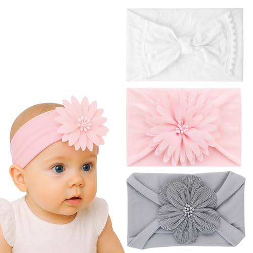 ANNA CREATIONS 3 Pcs Baby Headbands for Girls & Boys, Soft Stretchy Hair Bands with Cute Flower and Bow Design, Comfortable and Stylish Hair Accessories for Newborn, Infant and Toddler Babies