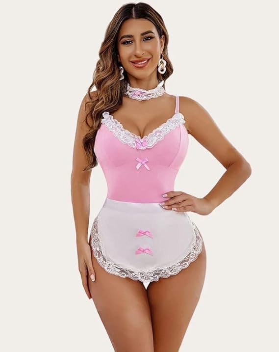 lillycreation French Maid Lingerie Bodysuit, Burgundy and White, Lace Trim with Bow Details, Costume Set (Pink, L)-picture-45