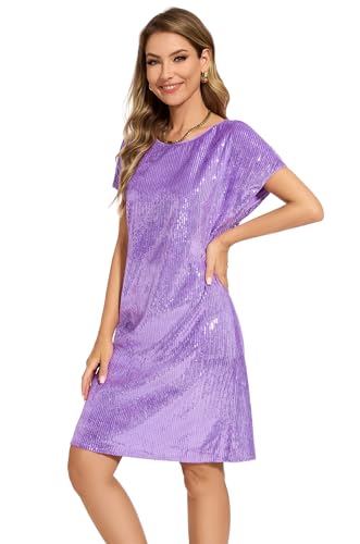 Image of Women's Crewneck Sequin Shift Dress Short Sleeve Casual Holiday Sparkly Party Dress