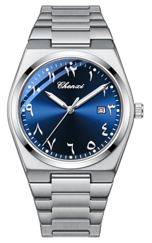 MASTOP Arabic Dial Men's Quartz Watch Silver Stainless Steel Luminous Waterproof Business Casual...