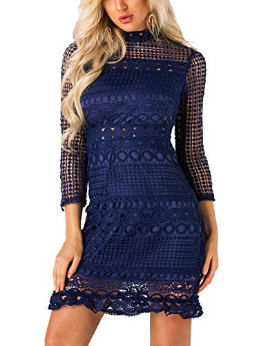 YOINS Women Dress Bodycon Lace Hollow Design High Neck Long Sleeves Mini Dresses Blue L