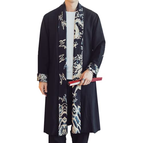 HZCX FASHION Mens Long Kimono Cardigan Open Front Print Cotton Linen Trench Coat